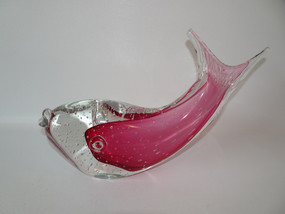 Large vintage Murano Sommerso glass whale sculpture with controlled bubbles in  exquisite pink and clear shades.