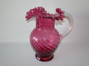 Vintage Handblown Fenton Cranberry Swirl Glass Jug with Ruffled Edges