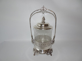 Antique Silver-Plated Biscuit Box with Etched Crystal Jar and Acorn Finial Lid