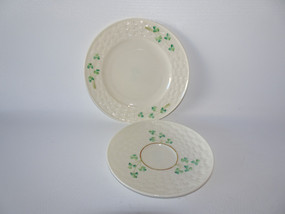 Belleek butter plate and saucer with shamrock design and basketweave pattern, first green mark, 1946–1955