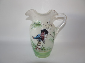Victorian hand blown enamel glass pitcher with hand painted grouse in tree, 17cm tall