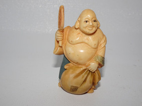 Antique Japanese netsuke of Hotei holding fan and bag, signed hand-carved figurine, 5cm tall