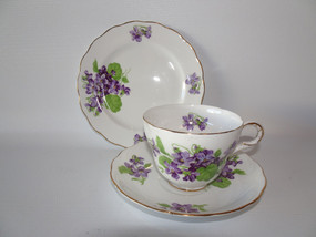 Melba bone china trio with violets pattern, circa 1940s – plate, saucer, and cup with gilt edging