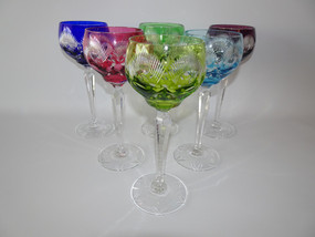 Vintage set of six harlequin crystal hock glasses in assorted colours, 21cm tall, hand-cut European crystal on white background