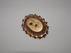 Victorian 14ct gold ruby and diamond photo brooch with original photograph in black velvet box