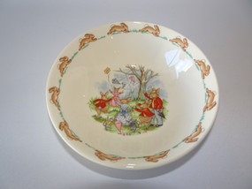 Royal Doulton Bunnykins Flying Kites bowl with running rabbit border, 1967–1976