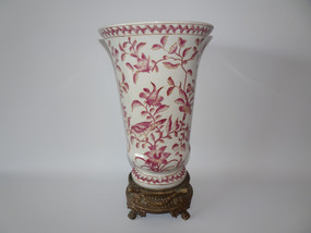 AIT Australian crackle glaze floral vase with burgundy botanical design and brass base