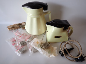 Pair of vintage Speedie electric kettles with original spare elements and shared plug