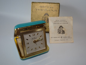 Vintage Seth Thomas boxed travel alarm clock with folding case and original papers