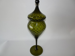 1960s Empoli olive green optic glass apothecary jar with tall stem and circus tent lid