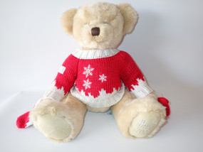 Harrods 2002 Oscar Christmas Bear wearing a red and white knitted Christmas jumper