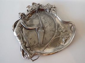 Antique WMF Art Nouveau silver plated pewter visiting card tray with female figure circa 1906