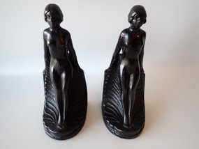 Vintage Art Deco style cast iron nude female bookends with feather design 22cm pair