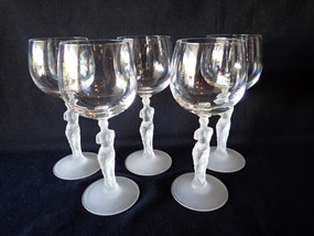 Bayel Venus de Milo pattern crystal wine glasses set of five frosted nude stem mid century French