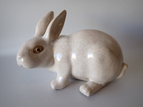 1930s French Art Deco Saint-Clément ceramic rabbit figure with ivory crackle glaze
