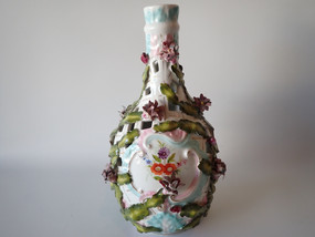 Antique Sitzendorf reticulated porcelain bottle vase with encrusted floral decoration