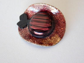 Vintage Lea Stein Paris glitter hat brooch in red and orange sparkle finish with burgundy striped centre