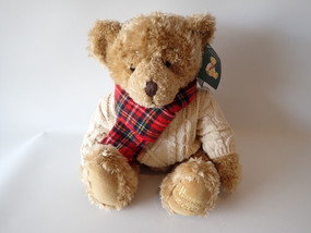 Harrods 2002 Christmas Bear Giles with original tag, cream cable-knit jumper and tartan scarf