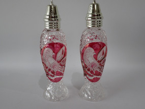 Vintage Hofbauer Byrdes Collection cut crystal salt and pepper shakers with cranberry overlay, made in Germany.