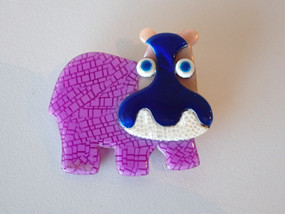 Vintage Lea Stein Paris Hippo brooch in purple mosaic laminated cellulose acetate with cobalt blue details, circa 1970s–1980s.