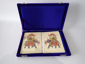 Pair of 2015 Rajasthani miniature paintings by Durga Lal depicting royal elephant processions, presented in original blue box.
