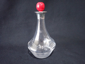 Rare 1927 Hukin & Heath Art Deco cherry brandy glass decanter with sterling silver-mounted neck, engraved lettering and red ball stopper.