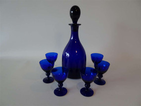 Antique Bristol Blue glass sherry decanter with six matching hand blown glasses