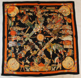 Hermès Les Danses des Indiens vintage silk and cashmere scarf by Kermit Oliver 1999 with intricate multicolour design 134cm
