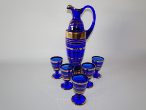 Czech Bohemian blown blue glass and gold trim decanter set dated 1960-1970.