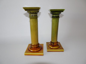 Pair 19th century English Majolica candlesticks Doric column green yellow glaze