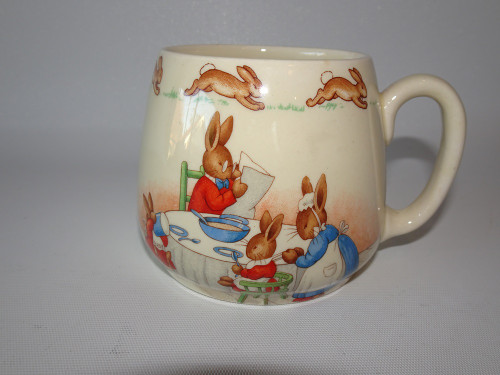 Royal Doulton Bunnykins mug featuring family breakfast scene by Barbara Vernon