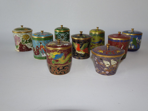 A set of 9 cloisonne box collection by Gu Yi Zhai Zang (Peking Jewellry Company) circa 1960s in various designs, marked to base