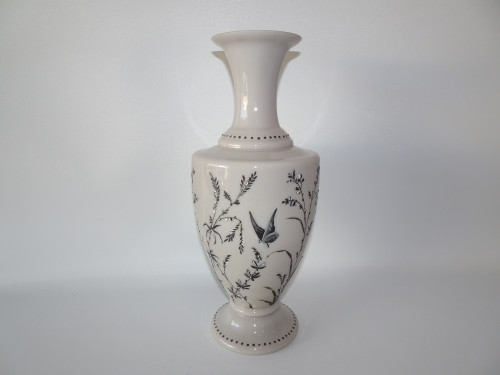 19th century grey opaline glass vase with painted enamel detailing a butterfly amongst folage.