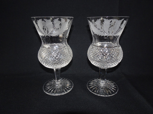 Pair of Edinburgh Crystal thistle cut wine glasses, circa 1960s, 16.5cm tall