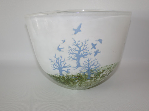 Kjell Engman October art glass bowl for Kosta Boda Sweden with tree and bird landscape design