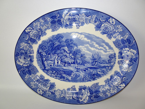 Woods and Sons Enoch woodsware oval blue and white platter with English scenery, made in England circa 1940s.