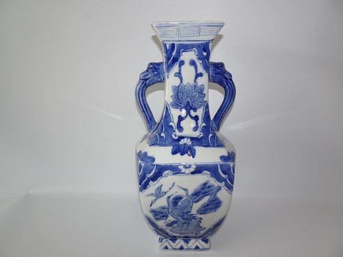 Chinese blue and white vase with birds of paradise and mythical animal handles, post 1940.