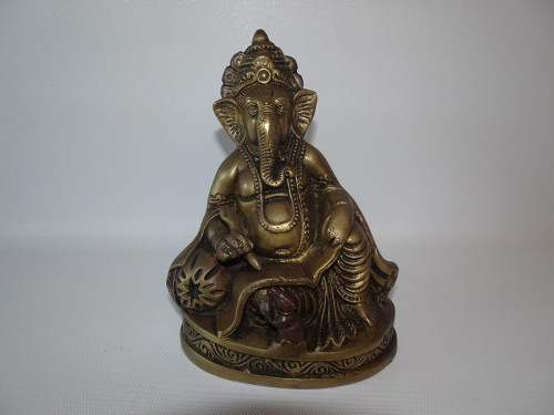 Vintage brass statue of Lord Ganesha writing, with rat at feet, 17cm tall