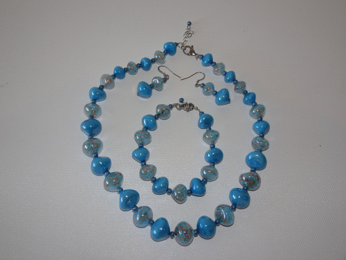 Caterina Blue Murano glass necklace, bracelet and earrings set in turquoise and clear glass with gold dust accents