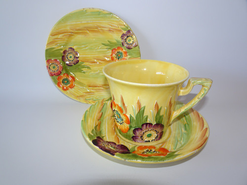 Carlton Ware Art Deco Anemone pattern trio with hand-painted embossed floral design, 1930s Australian pottery