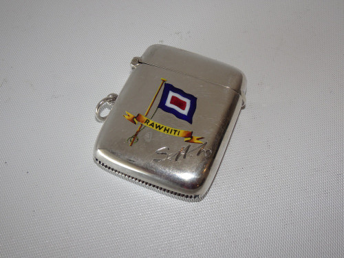 John William Barrett sterling silver vesta case with enamel Rawhiti nautical flag Birmingham 1909