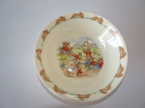 Royal Doulton Bunnykins See Saw bowl with running rabbit border, 1967–1976
