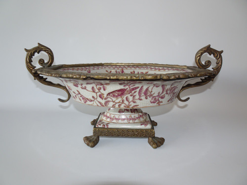 AIT Australian crackle glaze floral pedestal bowl with brass handles and decorative base