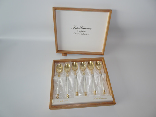 Vintage boxed Japanese Martian 24k gold plate teaspoons with porcelain handles