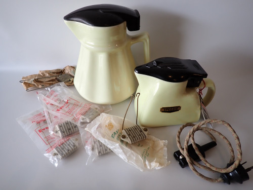 Pair of vintage Speedie electric kettles with original spare elements and shared plug