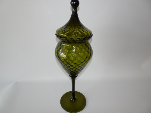 1960s Empoli olive green optic glass apothecary jar with tall stem and circus tent lid