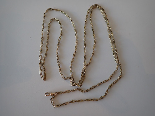 Victorian English 9ct gold fancy link guard chain necklace with dog clip clasp