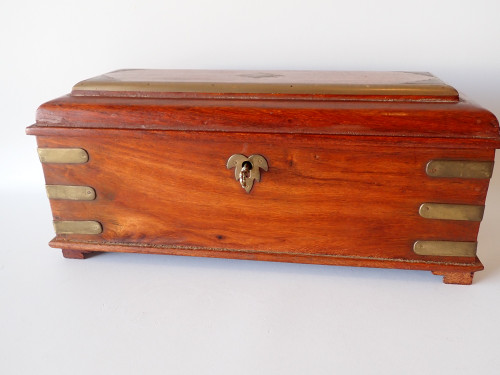 Late Victorian Edwardian timber keepsake box brass detail hidden drawer key