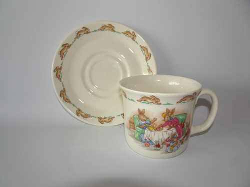 Vintage Royal Doulton Bunnykins Tea Time cup and saucer tea party scene