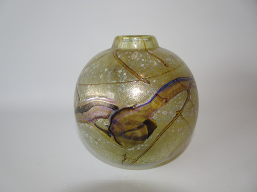 Vintage iridescent hand blown studio art glass vase signed 1989